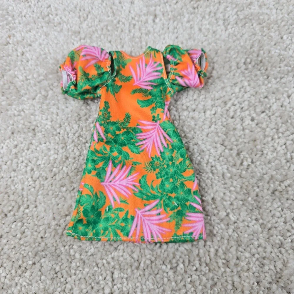 Barbie Doll Dress Orange Tropical Floral Pink Palm Leaf Puff Sleeve Shoulder